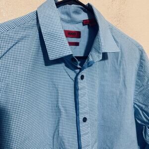 Hugo Boss Shirt Sz L Blue Checked Button Up Long Sleeve Slim Fit Designer Cotton
